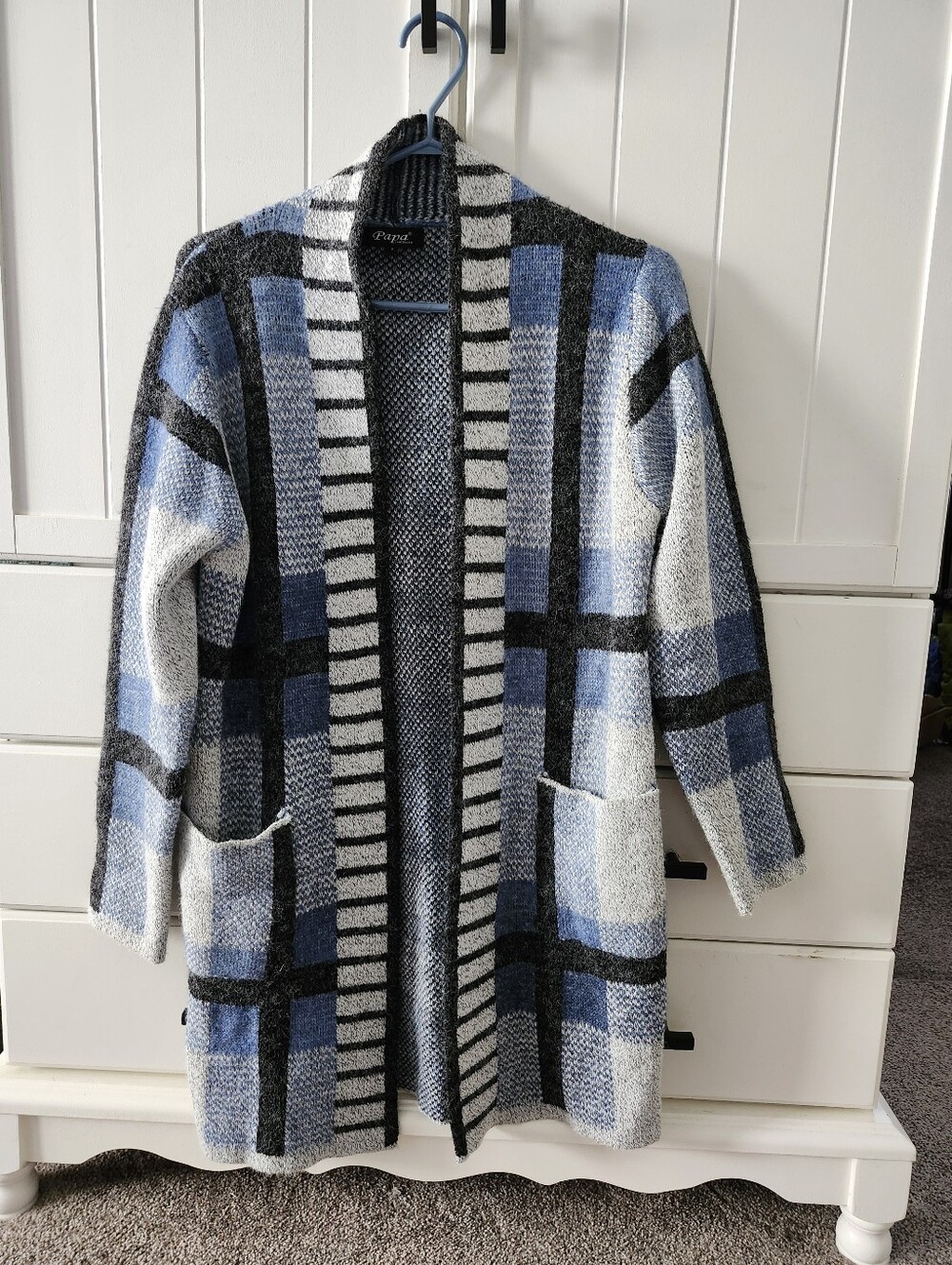 Papa Vancouver Papaya Blue, Gray & White Plaid Open-Front Cardigan Sz S